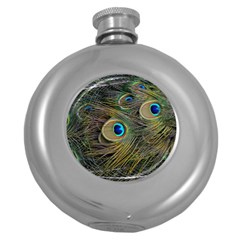 Peacock Tail Feathers Close Up Round Hip Flask (5 Oz) by Pakrebo