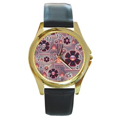 Background Floral Flower Stylised Round Gold Metal Watch by Pakrebo