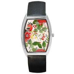 Christmas Bird Floral Berry Barrel Style Metal Watch