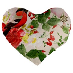 Christmas Bird Floral Berry Large 19  Premium Heart Shape Cushions by Pakrebo