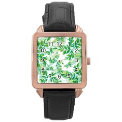 Leaves Green Pattern Nature Plant Rose Gold Leather Watch  by Pakrebo