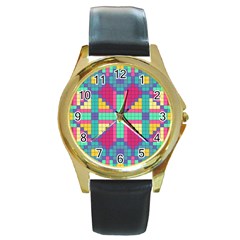 Checkerboard Squares Abstract Round Gold Metal Watch