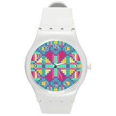 Checkerboard Squares Abstract Round Plastic Sport Watch (M)