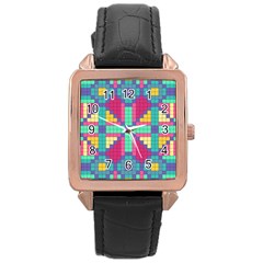 Checkerboard Squares Abstract Rose Gold Leather Watch 