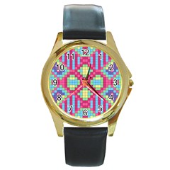 Checkerboard Squares Abstract Round Gold Metal Watch by Pakrebo