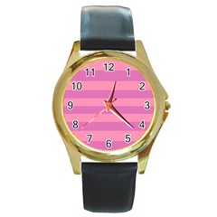 Pink Stripes Striped Design Pattern Round Gold Metal Watch by Pakrebo