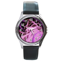 Purple Fractal Artwork Feather Round Metal Watch by Pakrebo