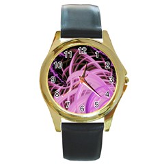 Purple Fractal Artwork Feather Round Gold Metal Watch by Pakrebo