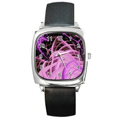 Purple Fractal Artwork Feather Square Metal Watch by Pakrebo