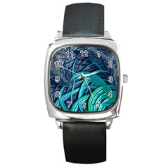 Oceanic Fractal Turquoise Blue Square Metal Watch by Pakrebo