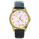 Floral Background Bird Drawing Round Gold Metal Watch Front