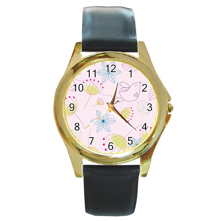 Floral Background Bird Drawing Round Gold Metal Watch