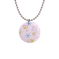 Floral Background Bird Drawing 1  Button Necklace by Pakrebo