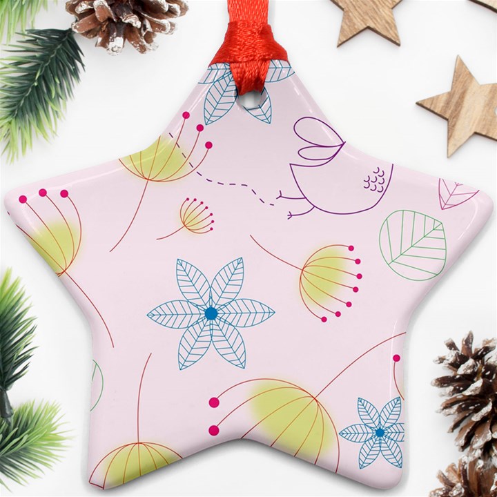 Floral Background Bird Drawing Star Ornament (Two Sides)