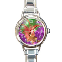 Fractal Purple Green Orange Yellow Round Italian Charm Watch by Pakrebo