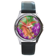 Fractal Purple Green Orange Yellow Round Metal Watch by Pakrebo