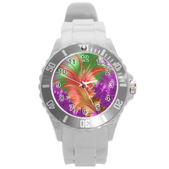 Fractal Purple Green Orange Yellow Round Plastic Sport Watch (l) by Pakrebo