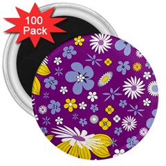 Floral Flowers Wallpaper Paper 3  Magnets (100 Pack) by Pakrebo