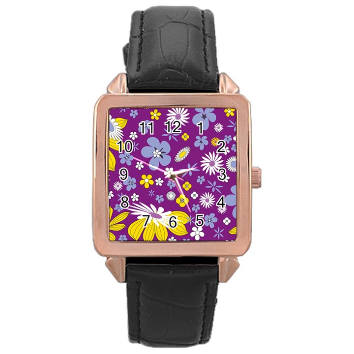 Floral Flowers Wallpaper Paper Rose Gold Leather Watch 