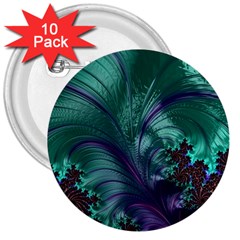 Fractal Turquoise Feather Swirl 3  Buttons (10 pack) 