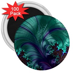 Fractal Turquoise Feather Swirl 3  Magnets (100 pack)