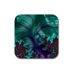 Fractal Turquoise Feather Swirl Rubber Square Coaster (4 pack) 