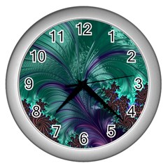 Fractal Turquoise Feather Swirl Wall Clock (Silver)