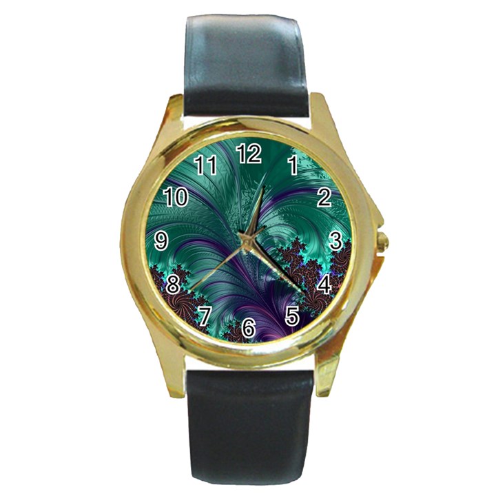 Fractal Turquoise Feather Swirl Round Gold Metal Watch