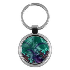 Fractal Turquoise Feather Swirl Key Chains (Round) 