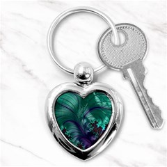 Fractal Turquoise Feather Swirl Key Chains (Heart) 