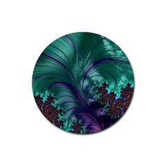 Fractal Turquoise Feather Swirl Rubber Coaster (Round) 