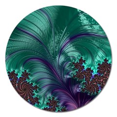 Fractal Turquoise Feather Swirl Magnet 5  (Round)