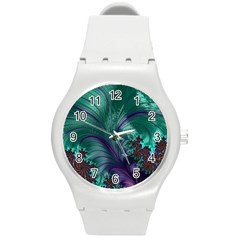 Fractal Turquoise Feather Swirl Round Plastic Sport Watch (m) by Pakrebo