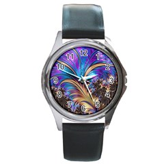 Fractal Feather Swirl Purple Blue Round Metal Watch by Pakrebo