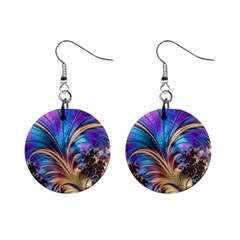 Fractal Feather Swirl Purple Blue Mini Button Earrings by Pakrebo