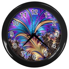 Fractal Feather Swirl Purple Blue Wall Clock (black) by Pakrebo