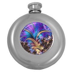 Fractal Feather Swirl Purple Blue Round Hip Flask (5 Oz) by Pakrebo