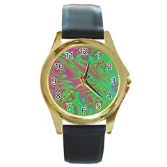 Fractal Art Neon Green Pink Round Gold Metal Watch by Pakrebo