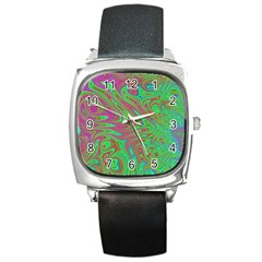 Fractal Art Neon Green Pink Square Metal Watch by Pakrebo