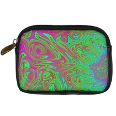 Fractal Art Neon Green Pink Digital Camera Leather Case by Pakrebo