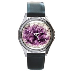 Amethyst Purple Violet Geode Slice Round Metal Watch by genx