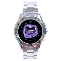 Amethyst Dark Purple Violet Geode Slice Stainless Steel Analogue Watch by genx