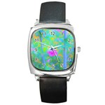 Pink Rose Of Sharon Impressionistic Blue Landscape Garden Square Metal Watch Front