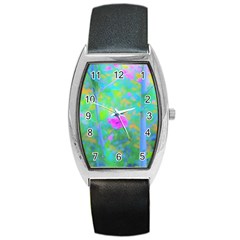 Pink Rose Of Sharon Impressionistic Blue Landscape Garden Barrel Style Metal Watch by myrubiogarden