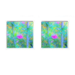 Pink Rose Of Sharon Impressionistic Blue Landscape Garden Cufflinks (square) by myrubiogarden