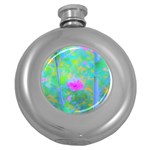 Pink Rose Of Sharon Impressionistic Blue Landscape Garden Round Hip Flask (5 oz) Front