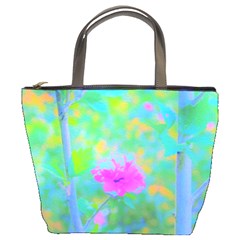 Pink Rose Of Sharon Impressionistic Blue Landscape Garden Bucket Bag by myrubiogarden