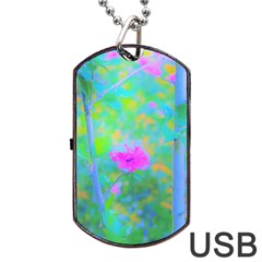 Pink Rose Of Sharon Impressionistic Blue Landscape Garden Dog Tag Usb Flash (one Side)