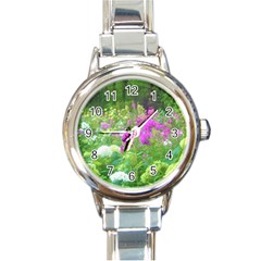 Annabella Hydrangeas And Purple Garden Landscape Round Italian Charm Watch by myrubiogarden