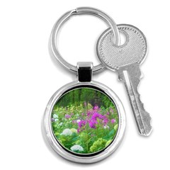 Annabella Hydrangeas And Purple Garden Landscape Key Chains (round)  by myrubiogarden